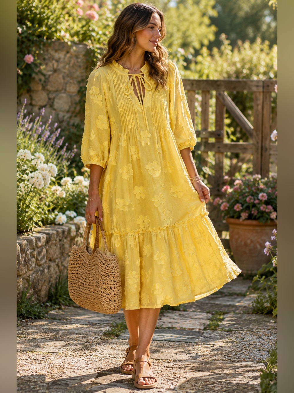 Sundance Yellow Floral Textured Midi Dress XL Boho Pintuck Cotton Blend NWT